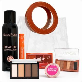 Kit Maquiagem: Blush, Máscara, Paleta de Sobrancelhas, Paleta de Sombras, Contorno e Fixad