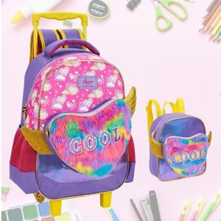 Kit Mochila Escolar Carrinho COOL Coração Pelúcia + Lancheira Térmica Linda Fuseco