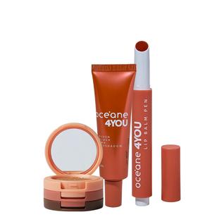 Kit Océane 4you Trio de Sombras Cooper Shine Hidratante Labial Coral e Blush Líquido Laran