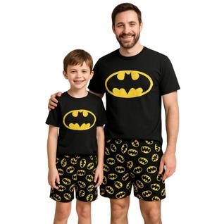 Kit Pai e Filho Batman Pijamas Masculino Linha Noite Confortável Verão Estampado Super Her