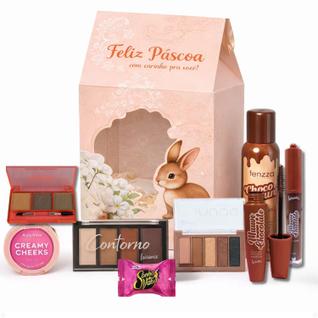 Kit Páscoa Maquiagem: Gloss, Blush, Máscara, Paleta de Sobrancelhas, Paleta de Sombras, Co