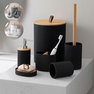 Kit pra Banheiro Bambu Conjunto Lavabo Saboneteira Lixo de Banheiro Acessorios 6 Peças Ele