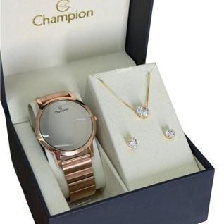 Kit Relogio Champion Feminino Led Digital Prateado Dourado Espelhado + Colar e Brinco