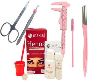 kit renna de sobrancelha profissional completo henna makiaj escovinha pinça navalha tesour