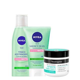 Kit Sabonete Controle do Brilho + Tonico Adstringente Nivea + Hidratante Face Care 3 em 1 