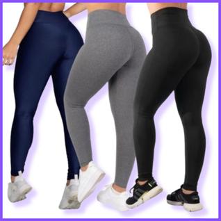 KIT TRÊS Calças LEGGINGS, Feminina, Suplex, Academia Fitness Treino Preta, Cinza e Azul