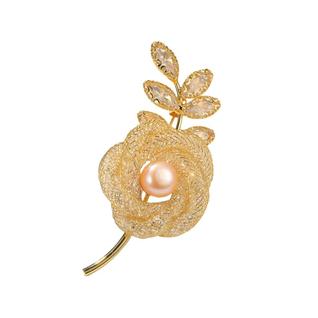 L4902-Broche Feminino Dourado Para Roupa Vestido Terno Presente Coleção Festa Pedraria Flo