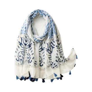 Lenço De Chiffon Leve Com Franjas Geométricas Azul E Branco Estilo Retrô Boêmio Para Mulhe