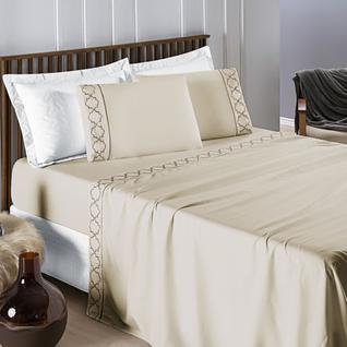 Lençol Cama Casal Queen Jogo 4 Peças Infinity 400 Fios Detalhe Ponto Palito e Bordado