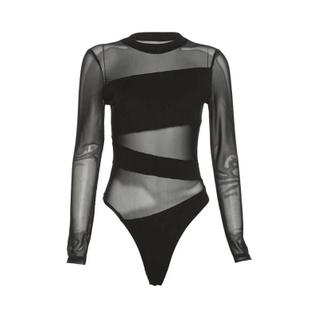 Macacão De Malha Preto De Manga Longa Com Recortes Cruzados E Decote O, Moda Primavera Ver