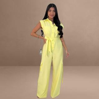 Macacão Feminino Linho Sem Manga com Cinto Moda Verão