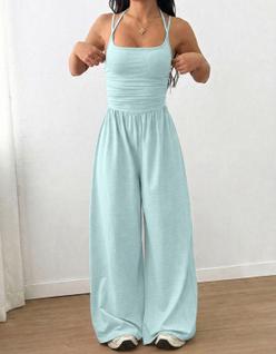 Macacão Feminino Perna Longa Elegante Social Alças Finas Plissado Tendência Blogueira