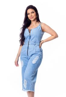 Macacão Jeans Pantacourt Com Ilhós