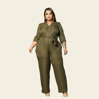 Macacão Longo Plus Size Feminino Linho Decote V Sofisticado Lia Rosa