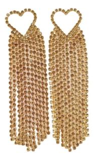 Maxi Brinco Coração Strass Festa Luxo Franjas Longo Brilho
