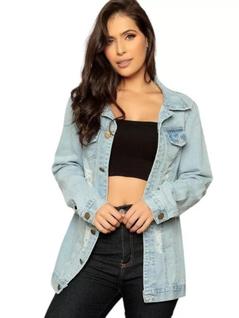 Maxi Jaqueta Jeans Feminina Detalhe Rasgadinho com barra