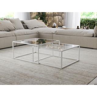 Mesa de Centro Industrial Moderna Atemporal Duo Catarina Branco e Tampo de Vidro