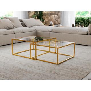 Mesa De Centro Industrial Moderna Atemporal Duo Catarina Dourado E Tampo De Vidro