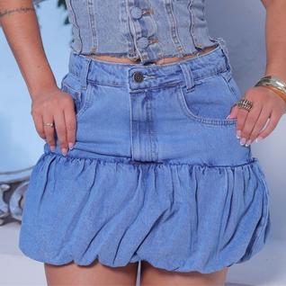Mini Saia Jeans Balonê Feminina Cintura Alta