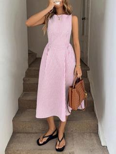 Moda verão novo vestido casual de alta qualidade com listras verticais sem mangas