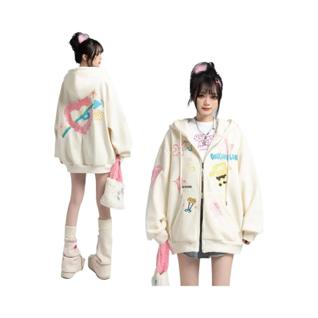 Moletom Feminino Com Capuz E Zíper, Manga Comprida, Estilo Harajuku Y2K, Estampa De Desenh