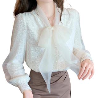 N-F1514- Blusa Casual Comfy Social Feminina Leve Laço Frontal Manga Longa Detalhes Decote