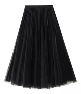 N-F3728-Saia Feminina Festa Tule Luxo Plissada Pérola Elegante M457