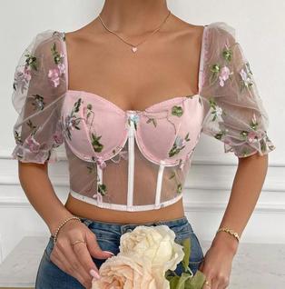 N-G0313-Top Cropped Blusa Tule Bordada Balada Carnaval Rosa A11