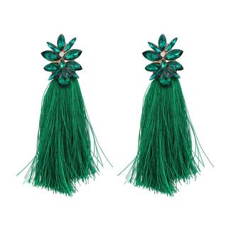 N-L1952-Brinco Feminino Long Verde Esmeralda Franja Strass Zirconia Festa Carnaval Noiva F