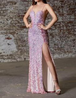 N0350-Vestido Longo Brilho Paetê Rosa Fenda Festa Formatura Luxo