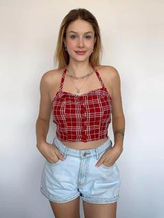 N1129-Blusa Top Cropped Xadrez Alça Abotoar Festa Junina 5j3002