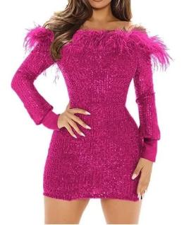 NA0301 Vestido Festa Tubinho Paetê Plus Size Formatura Luxo Plumas Manga Longa Lantejoulas