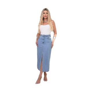 Novidade  Saia Jeans Midi Feminina Fenda Simples  Premium