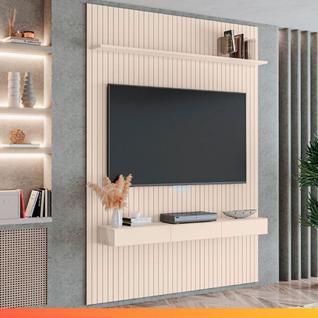 Painel Para Tv Até 70 Polegadas 1,80x2,40m Ripado Com Nicho Arbo Off White Edn Off White
