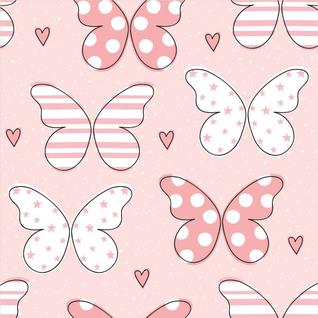 Papel de Parede Decorativo Baby Geométrico Borboletas Rosas com Listras e Bolinhas 2,5m