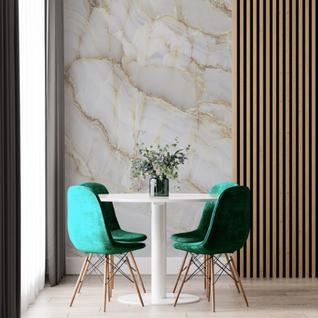 Papel de Parede Painel 3D Mármore Calacata com Bege 2M Revestimento Auto Colante Brilho Ma