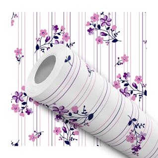 Papel De Parede Vinílico Floral Lilás Com Listras Sala Quarto 3m