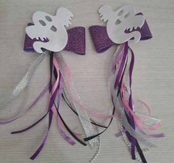 Par acessório cabelo Halloween fita laço detalhe fantasma e fitilhos bico de pato EVA glit
