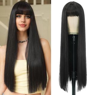 Peruca 7JHH WIGS longa reta natural preta com franja