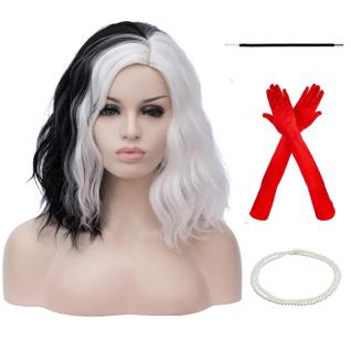 Peruca BERON Short Curly Bob Wavy 35cm preta e branca para mulheres