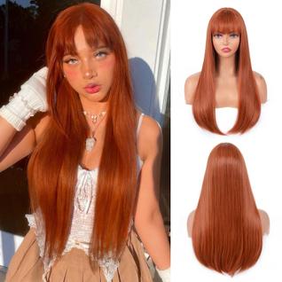 Peruca cor de T, gengibre, longa e reta, com franja, 60 cm, sintética