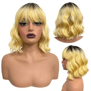 Peruca curta c/ franja loira ombre ondulada long bob gold