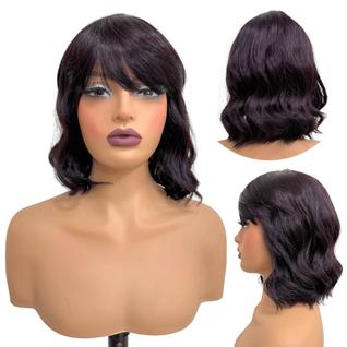 Peruca curta com franja acaju ondulada long bob orgânica 99J