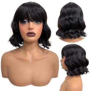 Peruca curta com franja preta natural ondulada long bob 2