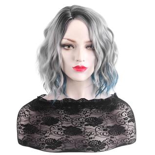 Peruca curta ondulada, ombre, cinza a azul, cabelo sintético 35cm