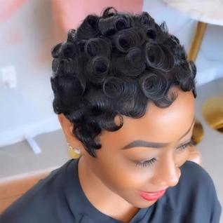 Peruca Curta Pixie Preta Natural Para Mulheres, Feita À Máquina, Cabelo Humano Cacheado Pa