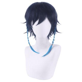 Peruca de cosplay azul escuro para cabelo curto em camadas com mecha trançada