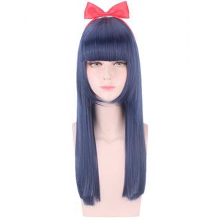 Peruca de cosplay azul escuro reta de 60 cm com franja completa e laço vermelho