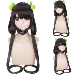 Peruca de cosplay longa marrom com franja reta e fitas verdes