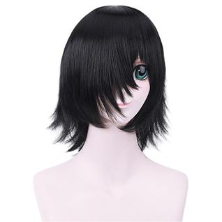Peruca de cosplay preta genérica, cabelo curto em camadas, 45 cm, resistente ao calor
